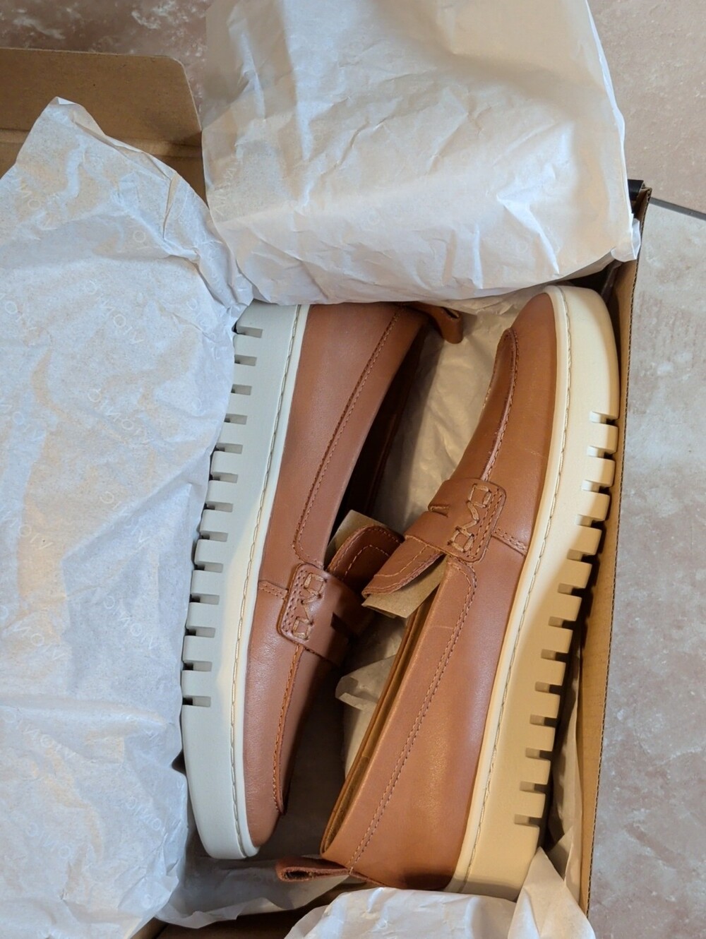 Vionic Tan Leather Women's Loafers with White Platform Sole